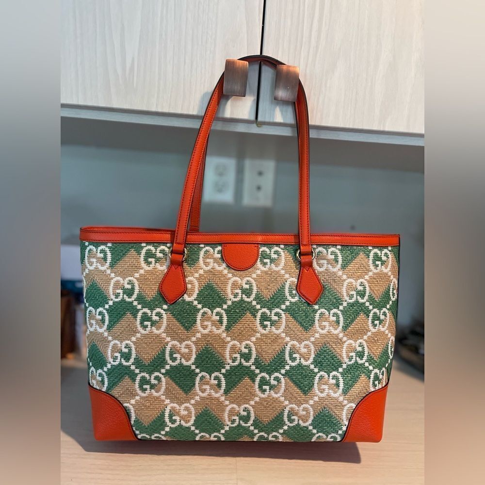 Gucci x Dubai Exclusive GG Raffia Tote Bag – NWT – Orange Leather Trim - Picture 5 of 13